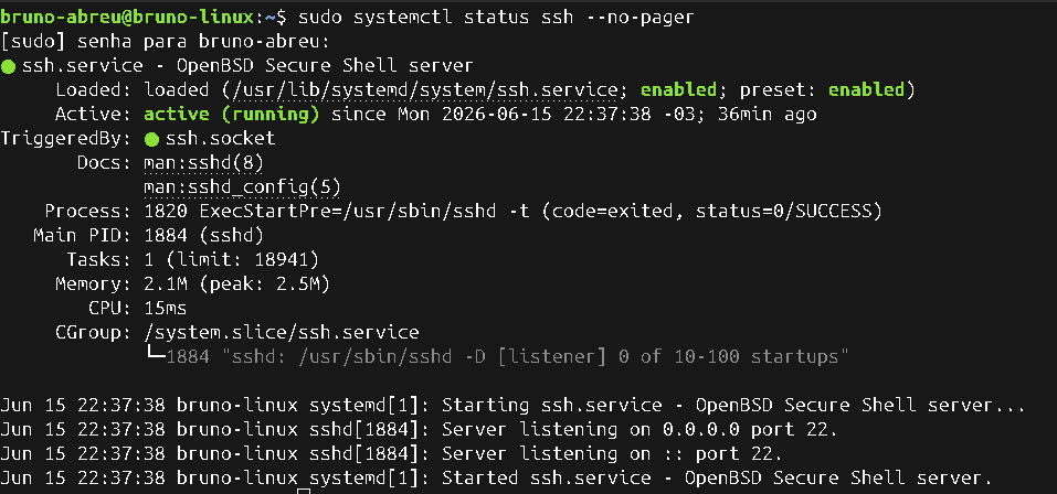 Status do serviço SSH no Ubuntu mostrando active running e porta 22