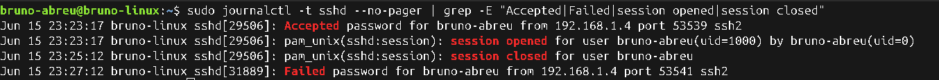 Resumo filtrado dos eventos de autenticação SSH com grep