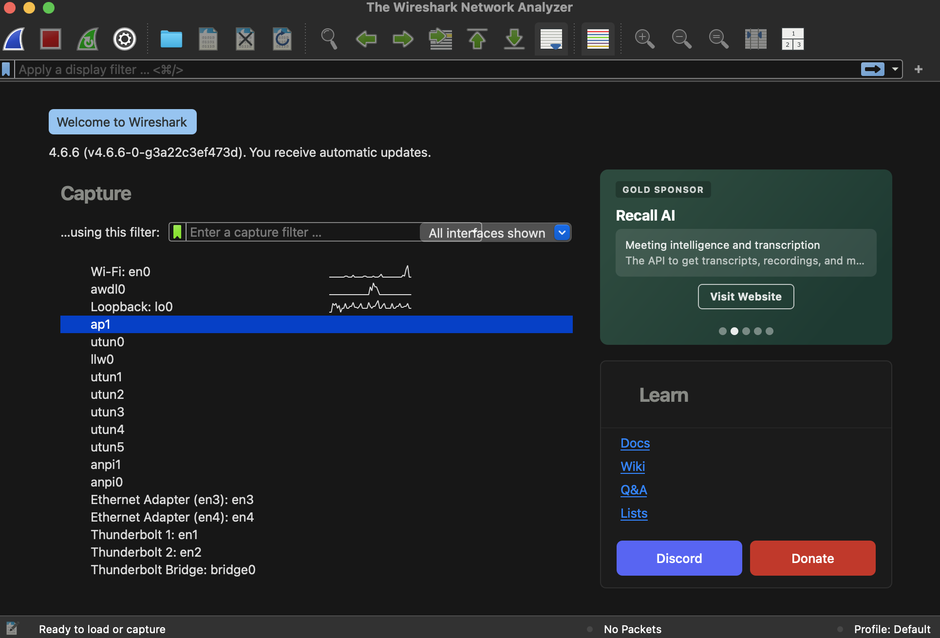Tela inicial do Wireshark, mostrando as interfaces disponíveis para captura.