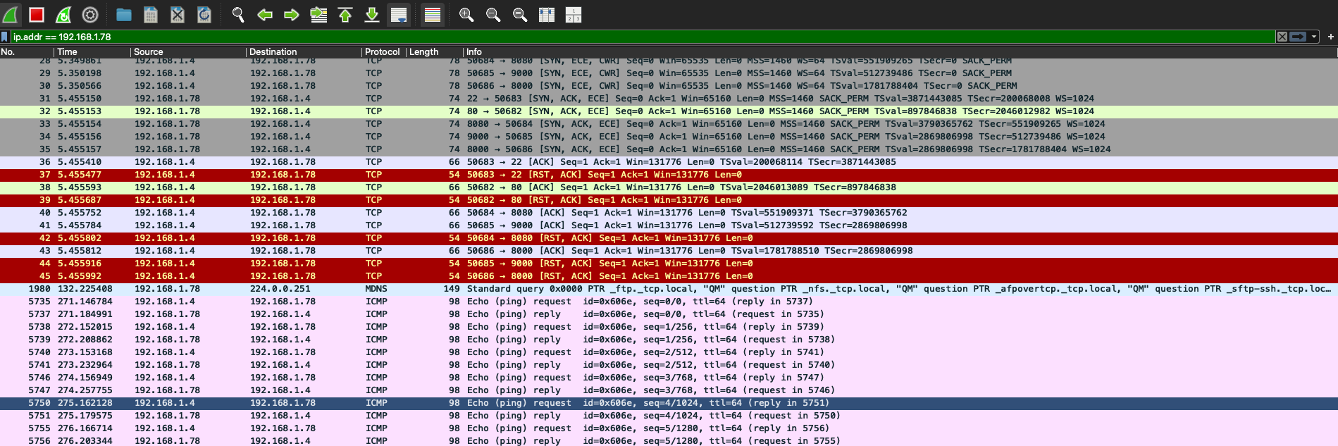 Filtro aplicado para mostrar apenas pacotes envolvendo o servidor Linux.