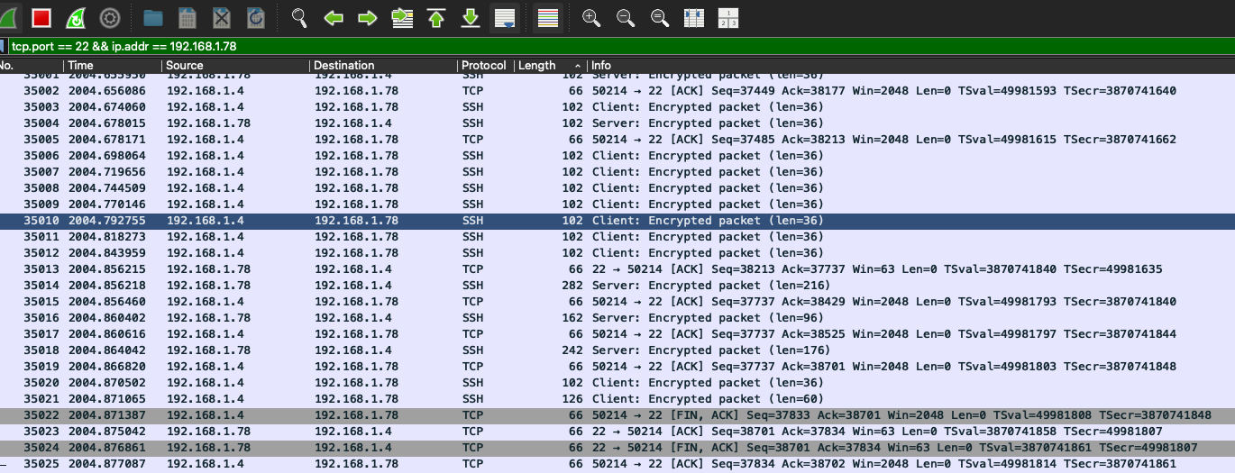 Pacotes SSH capturados entre o MacBook e o servidor Linux.