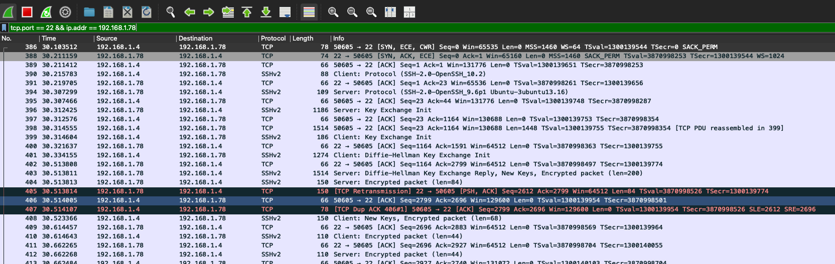 Início da conexão TCP antes da troca de dados SSH.
