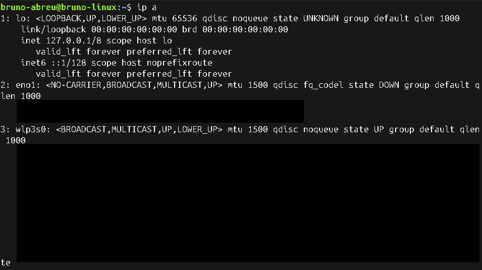 Resultado do comando ip a mostrando o IP da interface Wi-Fi do Ubuntu