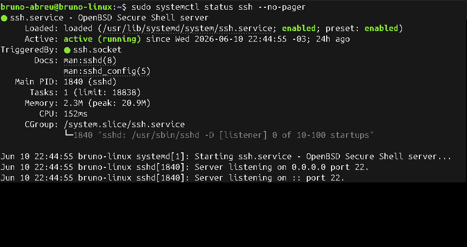 Status do serviço SSH no Ubuntu mostrando active running e porta 22