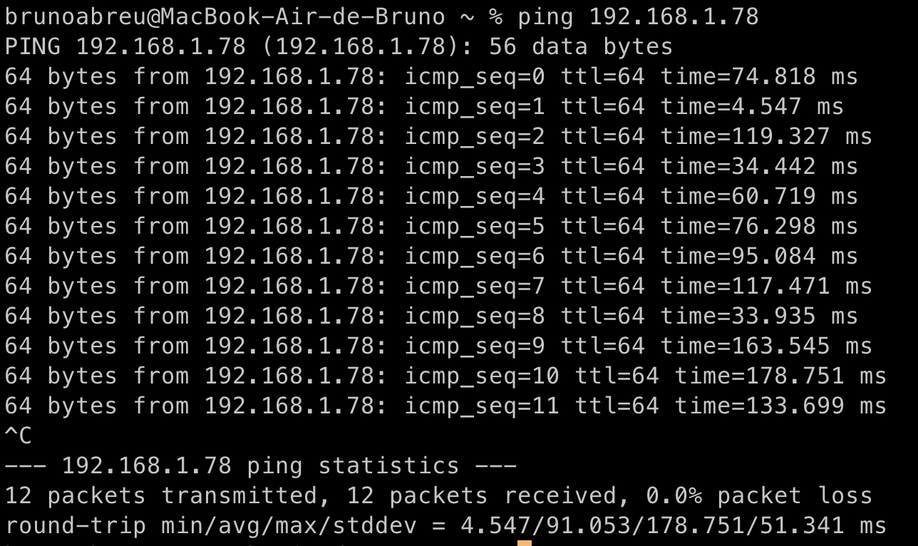 Teste de ping no MacBook para o IP do Ubuntu