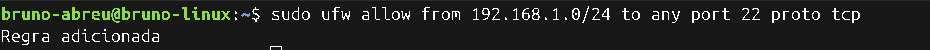 Comando UFW liberando SSH apenas para a rede local