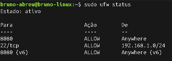 Status do firewall UFW depois da liberação da porta 22 para a rede local