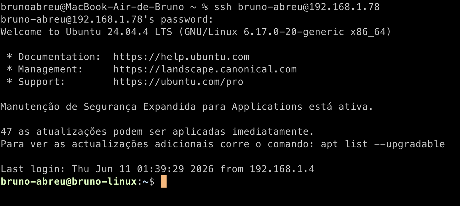 Conexão SSH bem-sucedida do MacBook para o Ubuntu