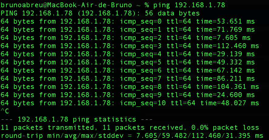 Teste de ping do MacBook para o servidor Ubuntu.