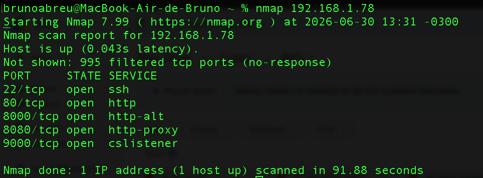 Resultado do scan básico mostrando portas abertas no servidor.