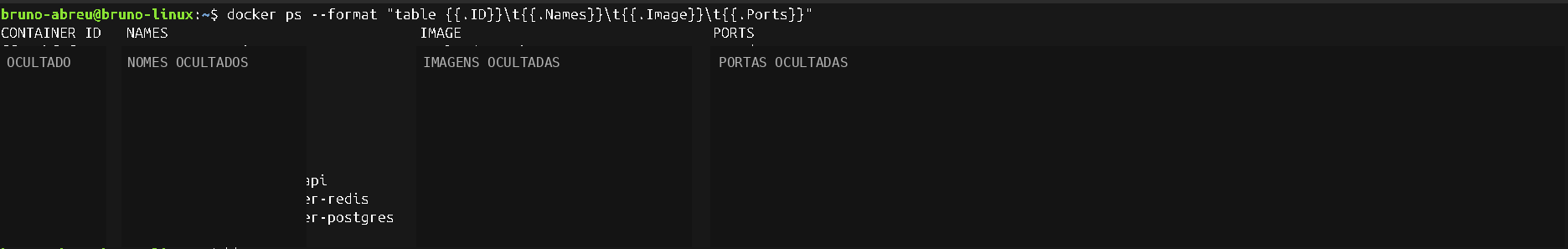 Lista de containers e portas publicadas.